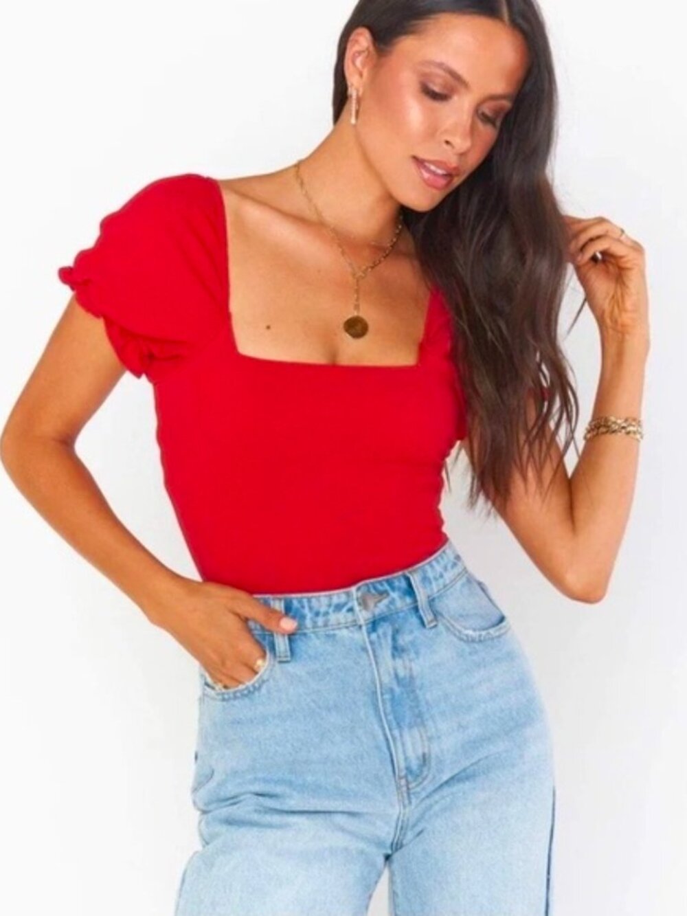Show Me Your Mumu Red Short Puff Sleeve Baker Bodysuit Size Med